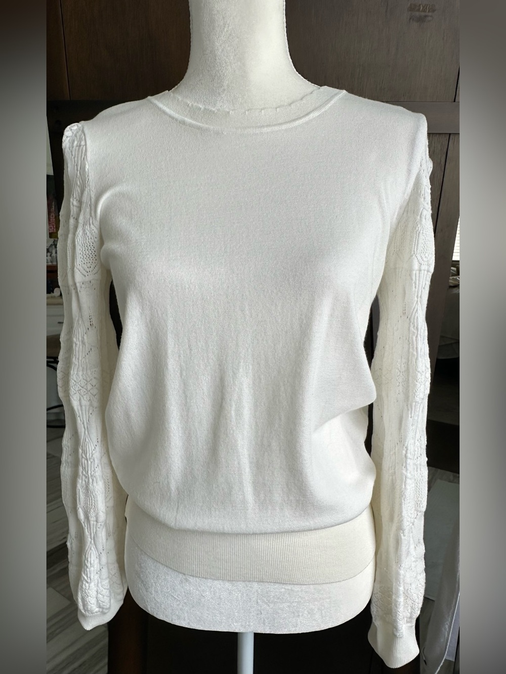 Catherine Malandrino White Knit Crewneck Sweater with Lace-Pattern Sleeves